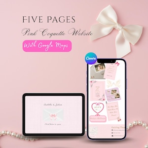 Op de afbeelding: Een roze digitaal trouwwebsite-ontwerp weergegeven op een tablet en smartphone. Het ontwerp bevat de tekst "FIVE PAGES Pink Coquette Website With Google Maps". De tablet toont een envelopontwerp met de namen "Isabella & Julian".