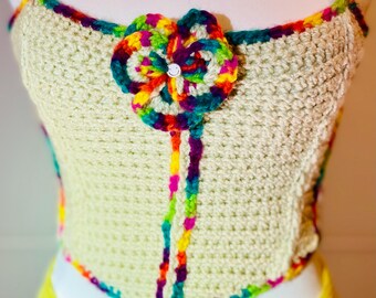 Colección Wildflower - Top de crochet bohemio hecho a mano – Top corto para festivales para mujer – Top hippie de verano – Bralette de crochet colorido / rojo / verde –