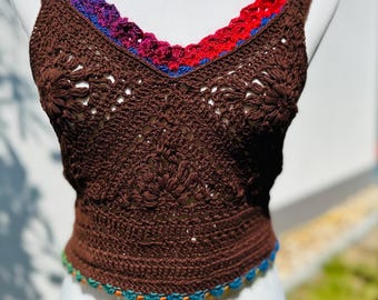 Top de crochet bohemio "Earth Flame" – Top corto de crochet hecho a mano | Top de festival | Moda bohemia de verano
