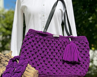 Conjunto de bolso y diadema de crochet – Hecho a mano en morado | Bolso bohemio sostenible | Bolso y diadema de crochet | Regalo para ella
