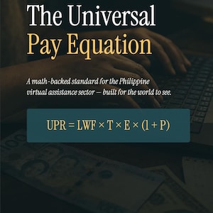 Pode incluir: Uma capa de livro intitulada The Universal Pay Equation, A Math-Backed Standard, Second Edition, 2026. Apresenta a fórmula UPR = LWF x T x E x (1 + P) numa caixa azul-petróleo, com texto de Alistair V. Mercado, MBA, Glendora, Califórnia.