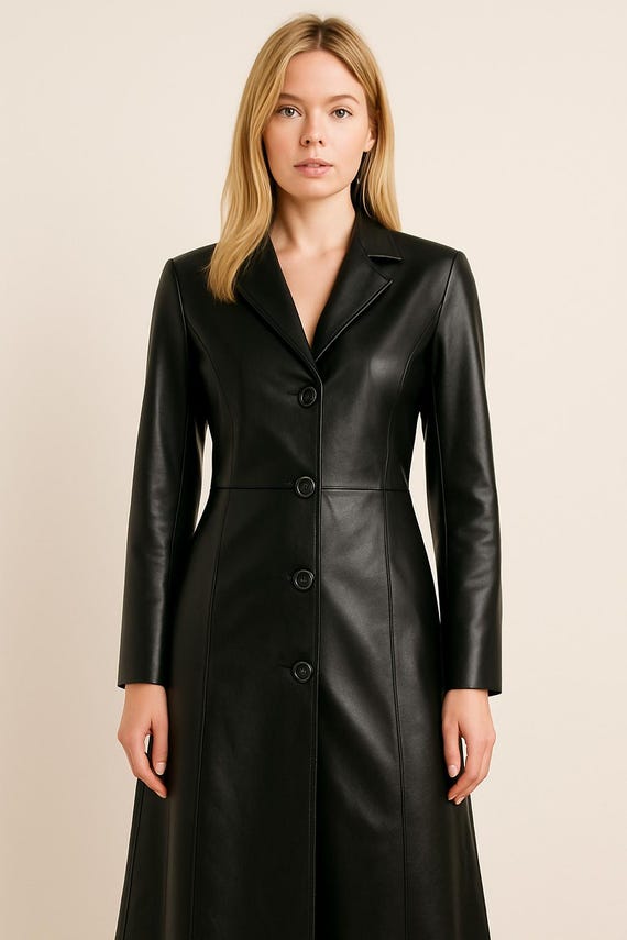 Women's Real Lambskin Leather Long Trench Coat Black Overcoat