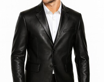 Men’s Classic Real Lambskin Leather Blazer Jacket Black Two Button Formal Coat