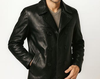 Men’s Double Breasted Real Lambskin Leather Blazer Coat Soft Black Button Jacket