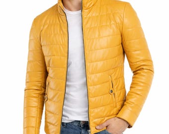 Men’s Yellow Real Lambskin Leather Puffer Jacket Quilted Moto Biker Coat