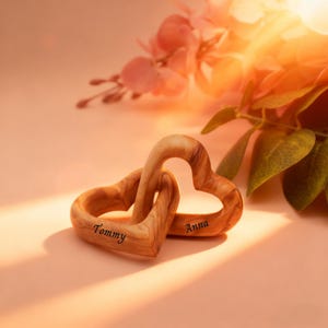 Personalized Olive Wood Interlocking Hearts, Custom Engraved Wooden Heart Gift, Romantic Valentine’s Day Gift for Couples, Wedding or