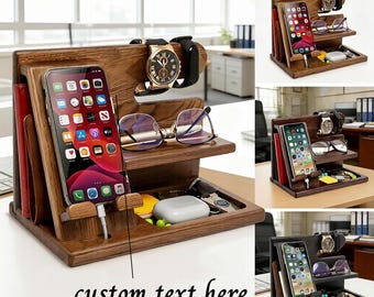 Personalisierte Holz-Dockingstation für Telefon & Zubehör, individuell gravierter Nachttisch-Organizer für Brieftasche, Uhr, Schlüssel, Schreibtischgeschenk für Männer