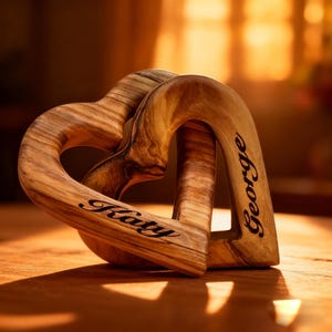 Puede incluir: Dos esculturas de corazón de madera entrelazadas con los nombres "Katy" y "George" grabados en escritura negra. Los corazones son de madera marrón claro con un patrón de vetas visible, sobre una superficie de madera.