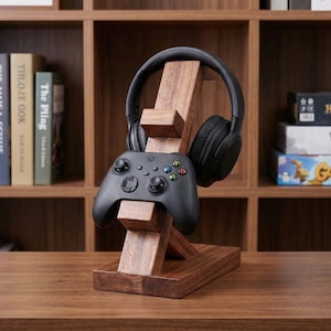 Personalized Wooden Gaming Headset Stand, Custom Engraved Headphone & Controller Holder, Gamer Desk Organizer Gift for Him