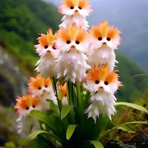 Peut inclure: Un groupe de fleurs originales, avec des pétales blancs et duveteux et des têtes orange, ressemblant à de petits oiseaux. Les fleurs ont des yeux foncés et se détachent sur un fond de feuillage vert et de montagnes floues.