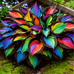 May include: A vibrant plant with large, heart-shaped leaves in a rainbow of colors, including red, orange, yellow, green, blue, and purple. The leaves have dark edges, creating a striking contrast. The plant is surrounded by green moss.