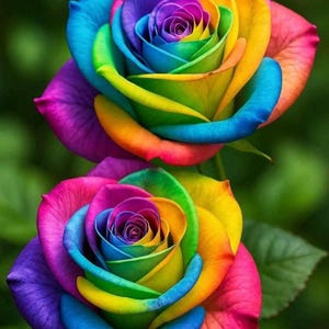 Könnte beinhalten: Zwei Regenbogenrosen mit Blütenblättern in leuchtenden Farben von Rot bis Violett. Die Rosen stehen in voller Blüte und zeigen ihre komplexen Spiralmuster. Der unscharfe grüne Hintergrund hebt die lebendigen Farben der Blumen hervor.