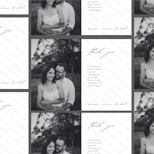 May include: Black and white wedding thank you cards with a photo of a couple embracing. The cards feature elegant script text that reads "Thank you" and a heartfelt message. The date and names are also included.
