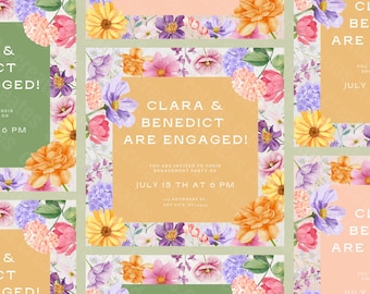 Floral Engagement Party Invitation, Editable Square Canva Template