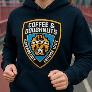 Könnte beinhalten: Marineblauer Kapuzenpullover mit einem großen, schildförmigen Aufdruck. Der Aufdruck zeigt den Text "COFFEE & DOUGHNUTS EMERGENCY SERVICE UNIT" in Weiß und Gelb. Das Design enthält Illustrationen von Kaffeekannen, Donuts und Figuren.
