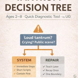 Op de afbeelding: Beige infographic getiteld "Tantrum Decision Tree" voor de leeftijd 2-8 jaar. Het toont een flowchart met vragen over driftbuien, die leiden naar "Systeem" of "Reparatie" opties, elk met stappen.