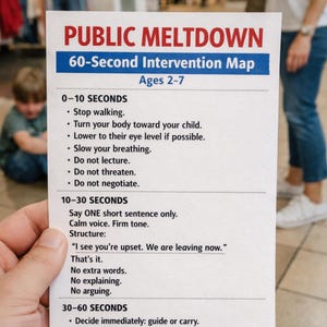 May include: A white card with red and blue text titled "PUBLIC MELTDOWN" and "60-Second Intervention Map." The card provides steps for managing children's public outbursts, including instructions for ages 2-7. A hand holds the card.