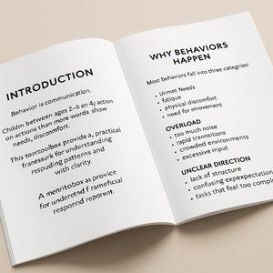 May include: Open book with text on white pages. The left page reads "INTRODUCTION" and discusses communication and understanding patterns. The right page lists "WHY BEHAVIORS HAPPEN" with categories like unmet needs and overload.