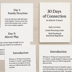 May include: Four white cards with black text are arranged on a light wood surface. The cards feature text about a guide for parents and children, including "30 Days of Connection" and daily activities.