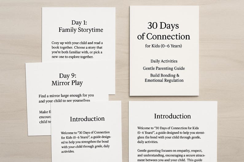 May include: Four white cards with black text are arranged on a light wood surface. The cards feature text about a guide for parents and children, including "30 Days of Connection" and daily activities.
