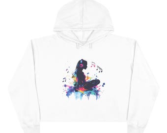 Colorful Music Girl crop hoodie | headphone silhouette, watercolor splash