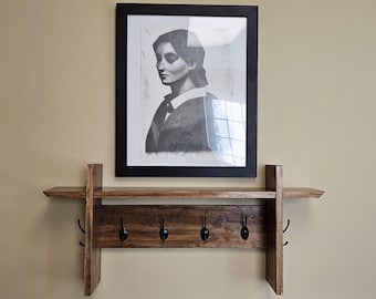 Perchero de pared con estante / Entrada / Gancho para llaves / Albornoz / Toalla / Madera maciza