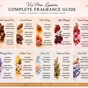 May include: A rectangular Ves Pera Lumiere complete fragrance guide chart featuring fourteen distinct scent profiles arranged in two rows. Each section lists top, heart, and base notes with illustrative botanical or food icons for every fragrance.