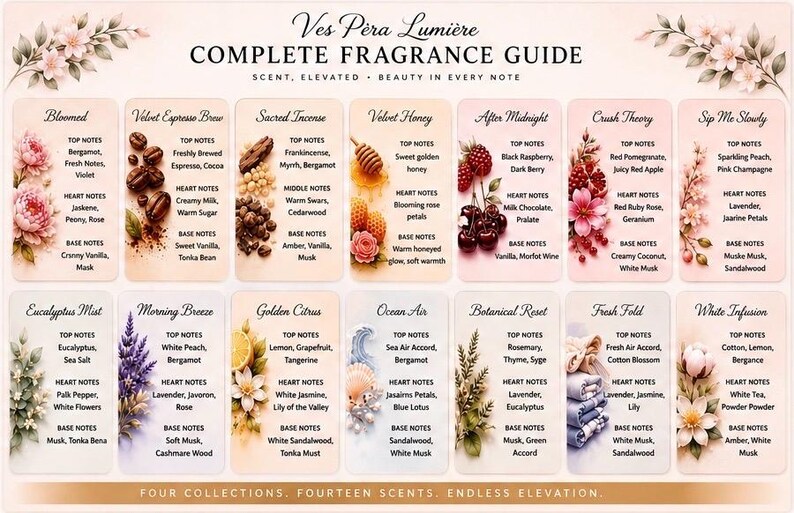 May include: A rectangular Ves Pera Lumiere complete fragrance guide chart featuring fourteen distinct scent profiles arranged in two rows. Each section lists top, heart, and base notes with illustrative botanical or food icons for every fragrance.