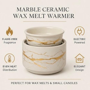 May include: A marble ceramic wax melt warmer with a white base and gold veining. The text reads: MARBLE CERAMIC WAX MELT WARMER, FLAME-FREE Fragrance, ELECTRIC Powered, EVEN HEAT Distribution, ELEGANT Design, PERFECT FOR WAX MELTS & SMALL CANDLES.