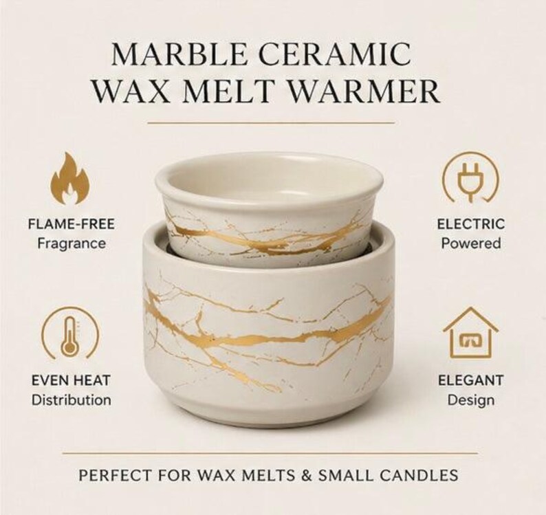 May include: A marble ceramic wax melt warmer with a white base and gold veining. The text reads: MARBLE CERAMIC WAX MELT WARMER, FLAME-FREE Fragrance, ELECTRIC Powered, EVEN HEAT Distribution, ELEGANT Design, PERFECT FOR WAX MELTS & SMALL CANDLES.