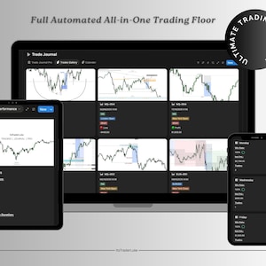 May include: A digital trading platform interface displayed on a tablet, laptop, and smartphone. The screens show trading performance analytics, charts, and the text "Full Automated All-in-One Trading Floor" and "ULTIMATE TRADING JOURNAL".