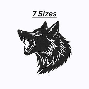 May include: A black and white illustration of a wolf's head with its mouth open, baring its teeth. The text "7 Sizes" is above the wolf's head. The image is on a white background.