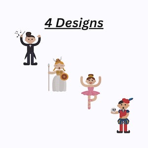 Puede incluir: Se muestran cuatro diseños de personajes caprichosos sobre un fondo blanco. Los personajes incluyen un director de orquesta, una guerrera con una lanza y un escudo, una bailarina y un bufón que sostiene una calavera. El texto "4 Designs" está encima de los personajes.