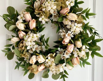 Artificial Spring Summer Wreath for Front Door – Realistic Floral Wreath with Greenery on Grapevine Base – UV & Weather Sealed Outdoor Door