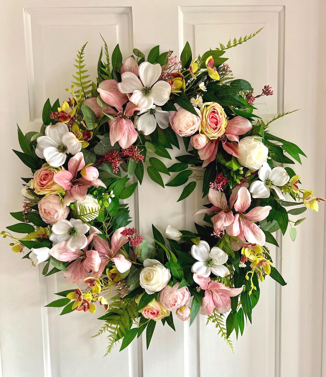 Artifical Spring Roses Spring Summer Floral Wreath – Roses, Berries, Dogwood -artifical Wreath ...