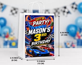 May include: A white paper gift bag featuring a race car theme with the text LET'S PARTY! MASON'S 3RD BIRTHDAY. The bag measures 8.26 inches high, 5.9 inches wide, and 3.15 inches deep, displaying blue and red sports cars on a track.
