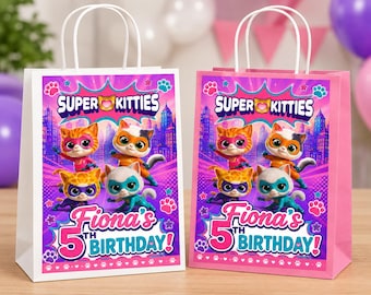 Bolsas de regalo temáticas inspiradas en Super Kitties (niño y niña), 20 unidades, personalizadas con nombre y edad.