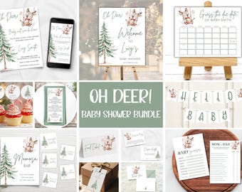 Oh Deer Baby Shower Invitation Bundle | Woodland Baby Shower Decor | Editable Canva Template | Gender Neutral Baby Shower Kit