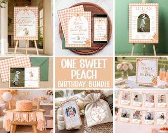 One Sweet Peach First Birthday Invitation Bundle, Peach Theme Birthday Decor, Summer First Birthday Editable Template, Digital Download