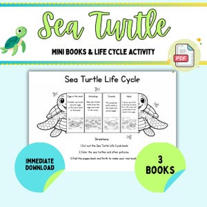 May include: A printable educational activity featuring a sea turtle life cycle mini-book. The design includes a green cartoon sea turtle, the words "Sea Turtle" and "Mini Books & Life Cycle Activity". The image also includes the text "Immediate Download" and "3 Books".