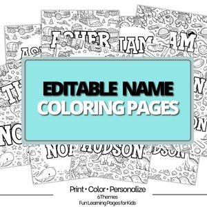 Op de afbeelding: Een verzameling afdrukbare kleurplaten met verschillende thema's, elk met de naam van een kind in grote letters. De pagina's bevatten illustraties van vrachtwagens, ruimte, sport en dinosaurussen. De tekst "EDITABLE NAME COLORING PAGES" wordt weergegeven op een turquoise achtergrond.