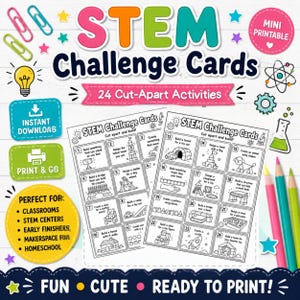 Pode incluir: Um conjunto de cartões de desafio STEM com 24 atividades para recortar em duas folhas brancas com desenhos de linhas pretas. O design inclui texto colorido, ícones de lâmpada, átomo e béquer, além de clipes de papel e lápis de cor.