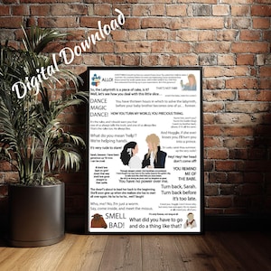 May include: A framed digital download featuring quotes and imagery from the movie Labyrinth. The black frame surrounds a collage of text, character silhouettes, and illustrations. The background is a brick wall with a potted plant.