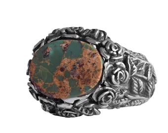 925 Sterling Silver Men’s Ring with Natural Turquoise Gemstone – Handmade Floral Vintage Statement Ring for Men