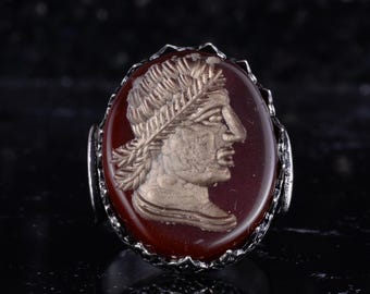 Natural Agate Cameo Ring 925 Sterling Silver, Roman Figure Ring, Handmade Men Statement Ring, Vintage Carved Stone Jewelry