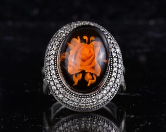 Natural Amber Rose Ring 925 Sterling Silver, Handmade Women Ring, Vintage Floral Statement Ring, Elegant Gift for Her, Unique Silver Jewelry