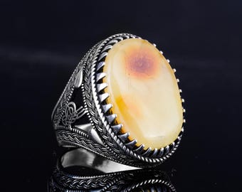 Handmade 925 Sterling Silver Ring with Natural Amber Stone – Oval 5 Carat Baltic Amber Men’s Ring – Custom Size Artisan Jewelry