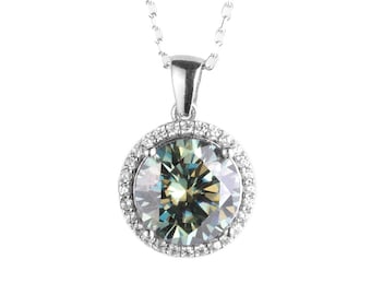 Created Green Stone Women Necklace, 925 Sterling Silver Necklace, Halo Pendant Necklace with Chain, Elegant Gift for Her