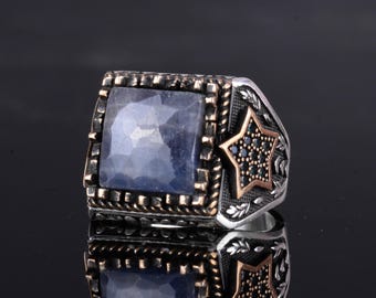Natural Sapphire Gemstone Ring for Men – 925 Sterling Silver Handmade Statement Ring – Star Design Artisan Jewelry