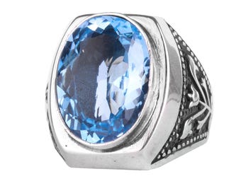 Anello da uomo in argento sterling 925 con topazio blu certificato – Topazio blu naturale – Regalo vintage fatto a mano per lui